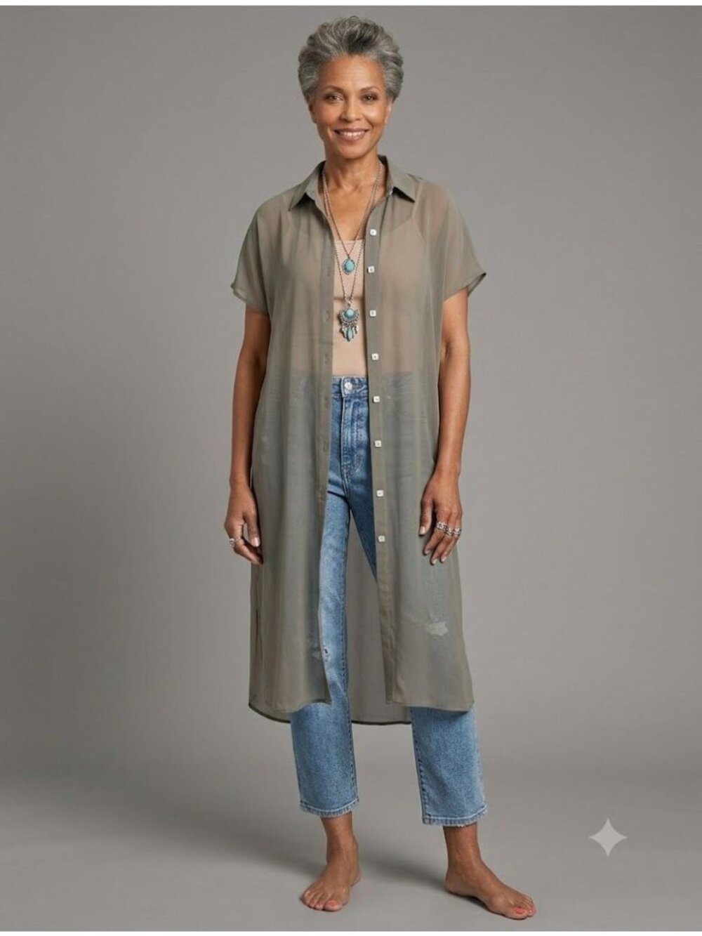 Marla Wynne For Chicos Sheer XS-M Shell Button Artsey Whimsey Duster Shirt Khaki